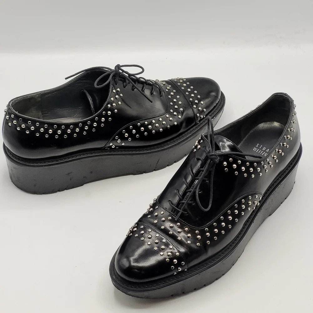 Stuart‎ Weitzman Zealous Studded Platform Loafer Jet Mirror Black. Size 9.5 M